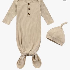 NEW Cream Ribbed Knotted Gown with Hat baby gown